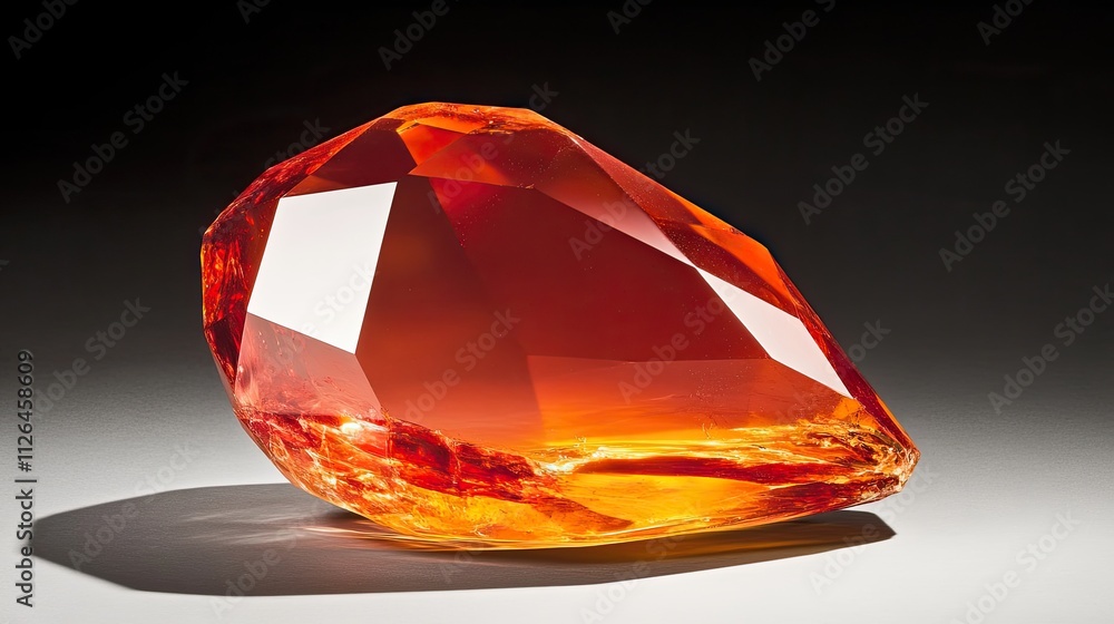 Poster glimmering orange gemstone reflecting light with intricate facets on a dark background for artistic 