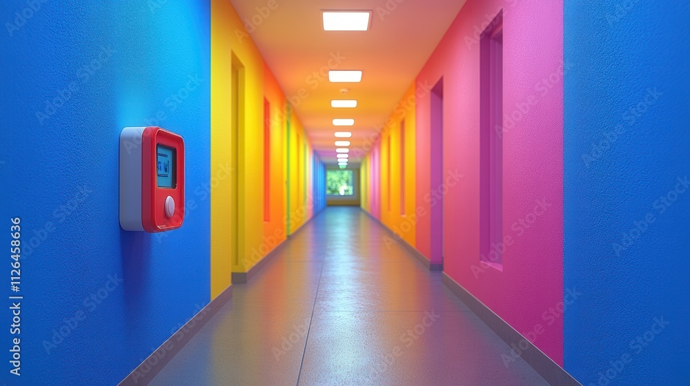 Poster a hallway with colorful walls and a red box with a digital display on it. the box is labeled with th