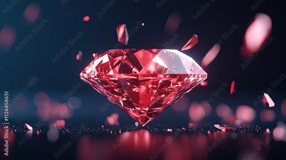 Aufkleber sparkling ruby gemstone with dynamic shards in a vivid red color scheme against a soft gradient back