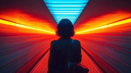 Woman in a futuristic tunnel with vibrant red and blue lights, evoking adventure and sci-fi themes.