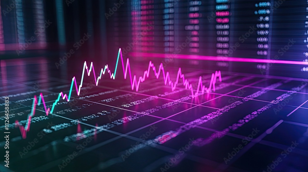 Poster futuristic financial analytics with colorful graph trends against a dark backdrop of digital currenc