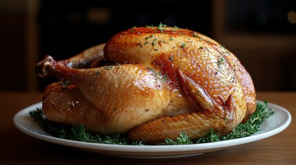 A large roasted turkey is sitting on a white plate with parsley. The turkey is golden brown and has a crispy skin. The plate is placed on a wooden table, and the scene conveys a sense of warmth