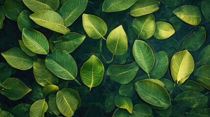 Fototapeta premium Lush green mangrove leaves floating on tranquil waters in the Maldives creating a serene natural atmosphere for relaxation and exploration.