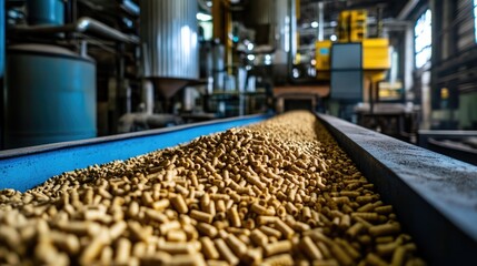Industrial pellet production facility showcasing equipment and raw materials on conveyor belt in a large-scale manufacturing environment.