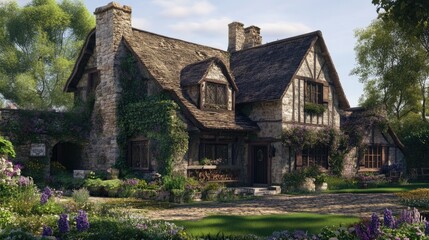 Fototapeta premium Charming historic English village house with stone exterior surrounded by lush gardens and vibrant flowers in a serene countryside setting