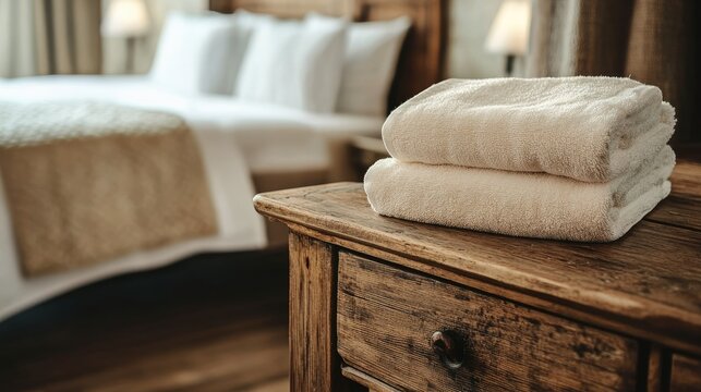 Elegant stacked towels on rustic wooden desk with cozy bedroom in background, creating a warm and inviting atmosphere for home decor.