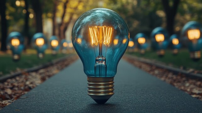 A light bulb is lit up on a road. The light bulb is surrounded by other light bulbs, creating a bright and colorful scene. Scene is cheerful and lively, as the light bulbs seem to be shining brightly