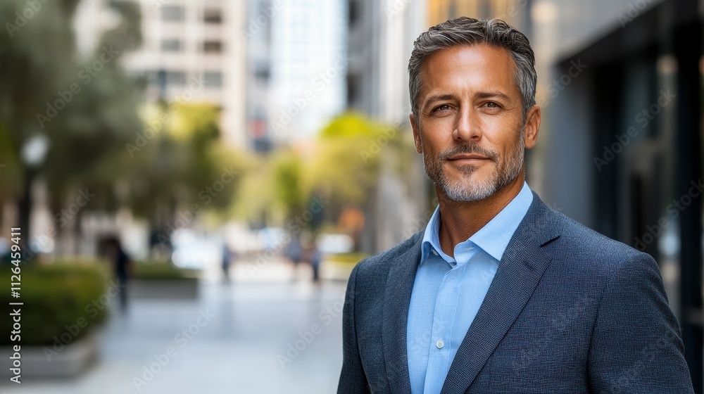 Poster a man in a blue suit and tie stands in front of a building. he is smiling and looking directly at th