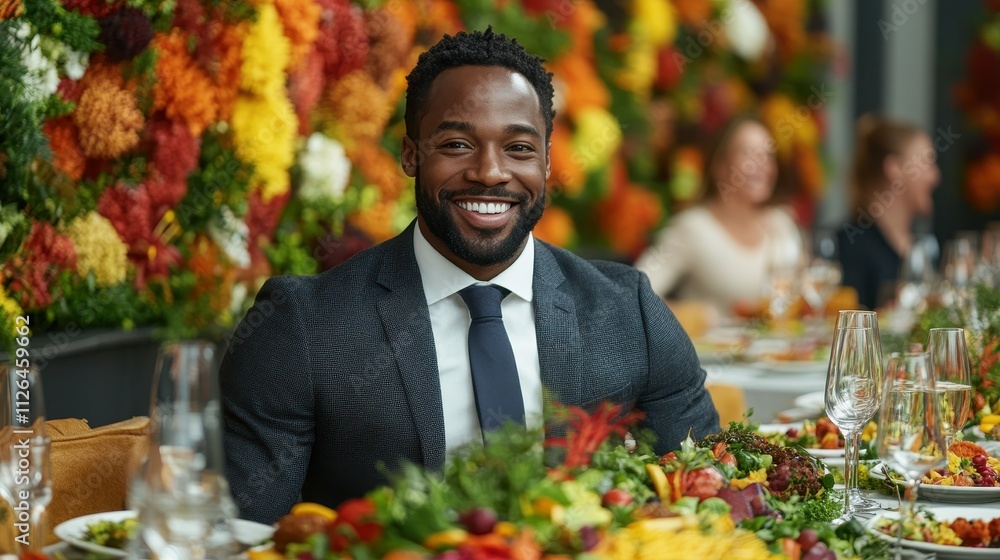 Poster A man is smiling at the camera while sitting at a table with a large salad in front of him