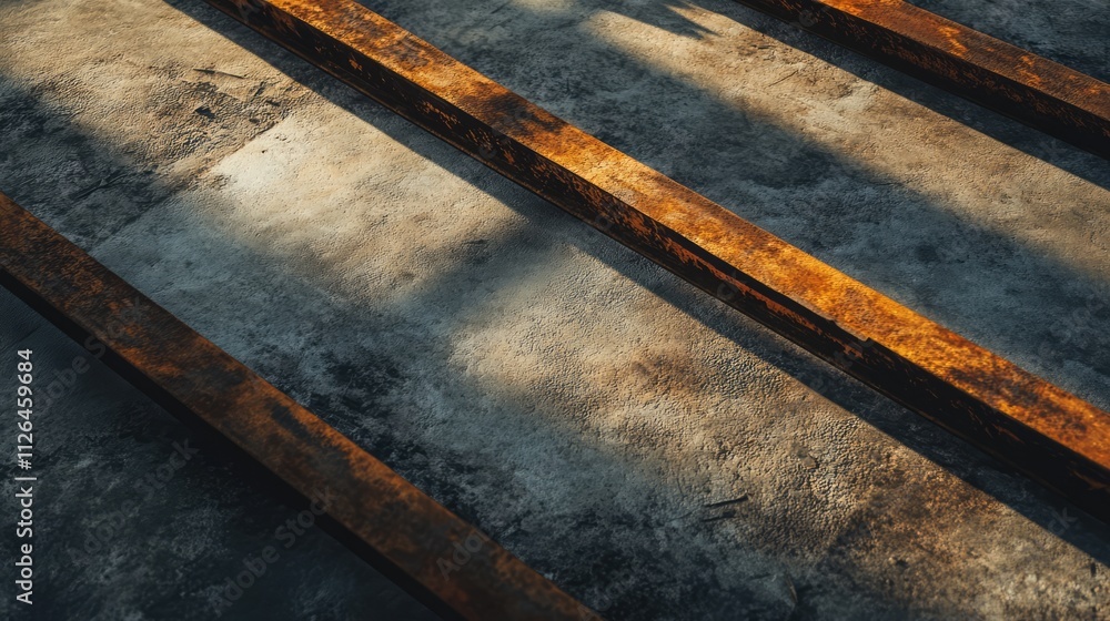 Poster rusty metal bars casting shadows on a textured concrete floor in a horizontal layout with dramatic l
