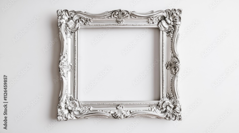 Poster ornate empty silver frame against a white background for elegant display or gallery use
