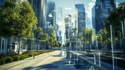Obraz premium Modern city street, trees, glass buildings, futuristic overlay.