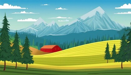 Panoramic view of lush green alpine meadows with towering snow-capped mountains under a vibrant summer sky