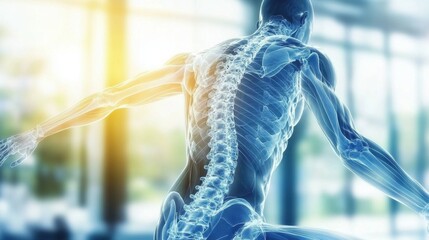 A man's skeleton is shown in a blue and white color scheme. The skeleton is in motion, with the man's arms and legs spread out. Concept of movement and energy