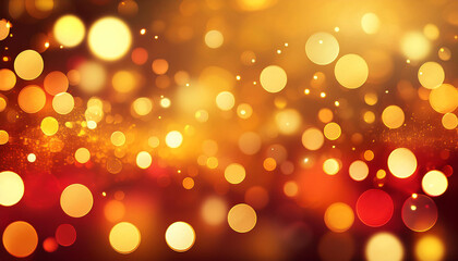 Fototapeta premium Glowing yellow bokeh circles, sparkling golden dust abstract gold luxury background decoration. Red and orange holiday bokeh. Abstract Christmas
