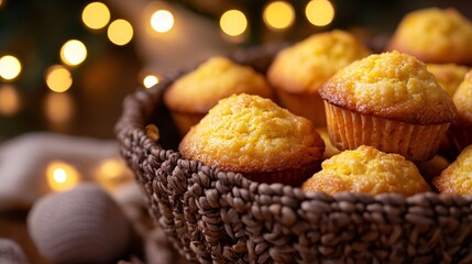Close up of fluffy cornbread muffins in a decorative basket, with fairy lights twinkling softly in the background