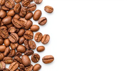 Obraz premium A photostock of coarse coffee grounds spread in natural clusters on a seamless white background, showcasing their rich brown tones and granular texture. High Quality