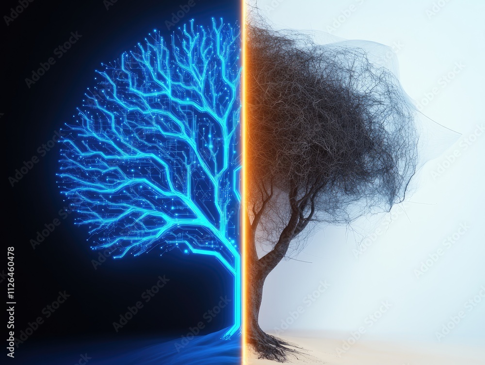 Poster split concept of digital nature and abstract tree representation with blue and brown colors in backg