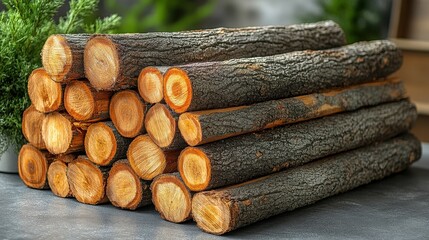 A pile of logs with a green plant in the background. Scene is peaceful and natural