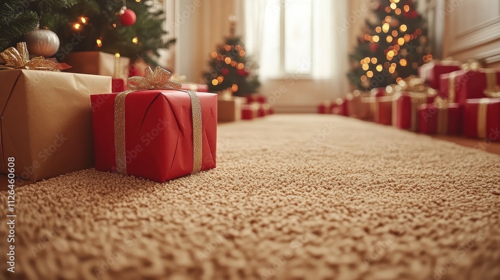 Poster a red box with a bow on top sits on a carpeted floor in front of a christmas tree