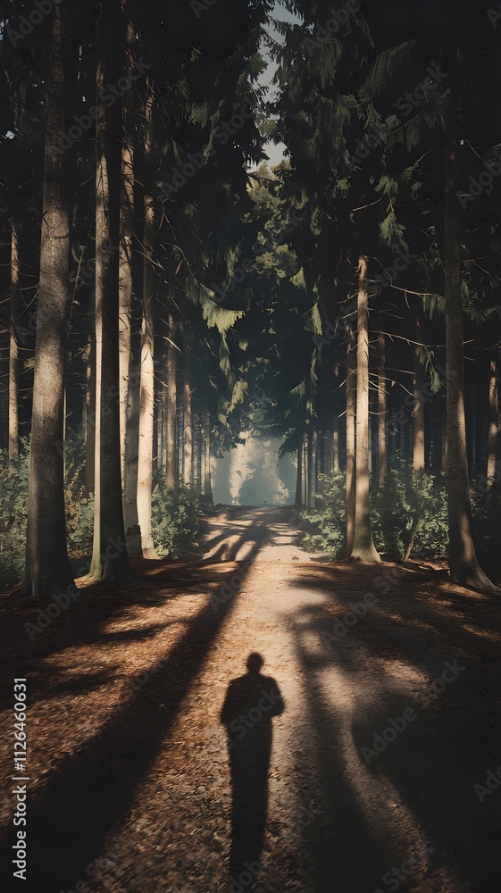 Poster man walking in the forest with shadow on the ground. 3d rendering generated by ai