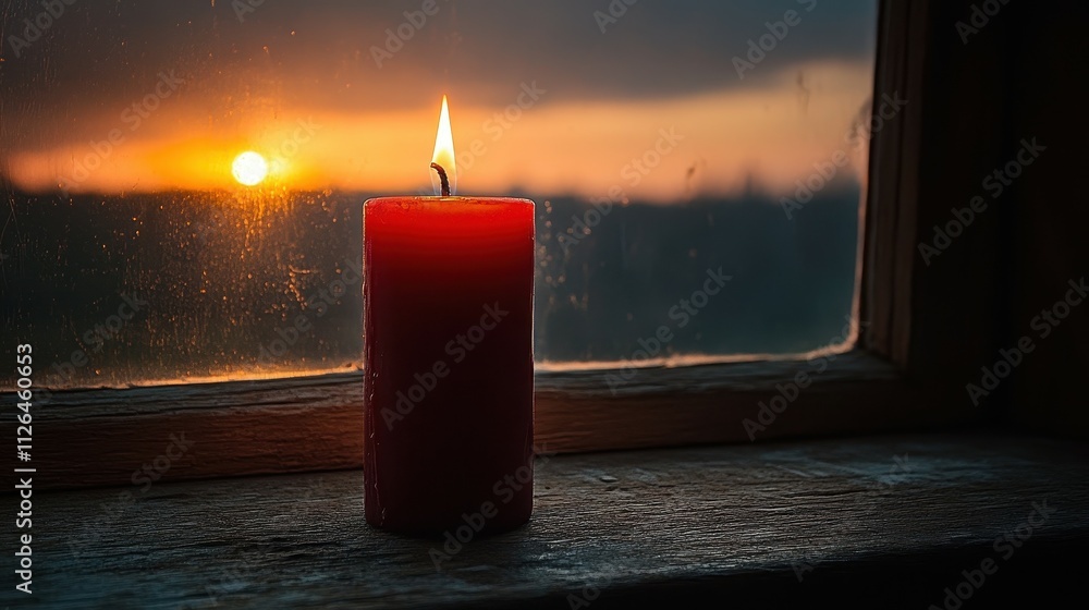 Poster a red candle is lit in front of a window with a sunset in the background. the candle is the only sou