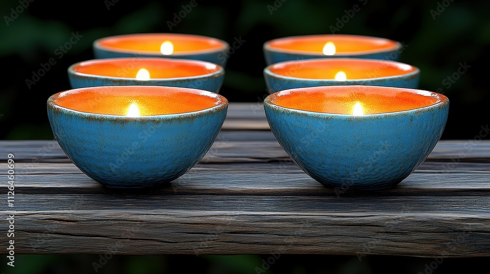 Poster a row of blue and orange candles are lit on a wooden table. the candles are arranged in a neat row, 