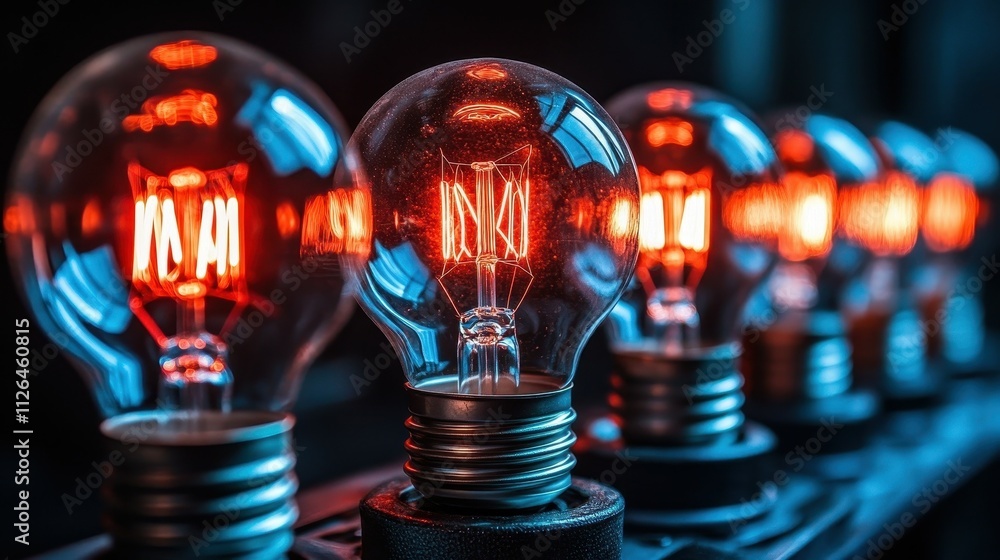 Aufkleber a row of light bulbs with one of them being red. the bulbs are lit up and are arranged in a line