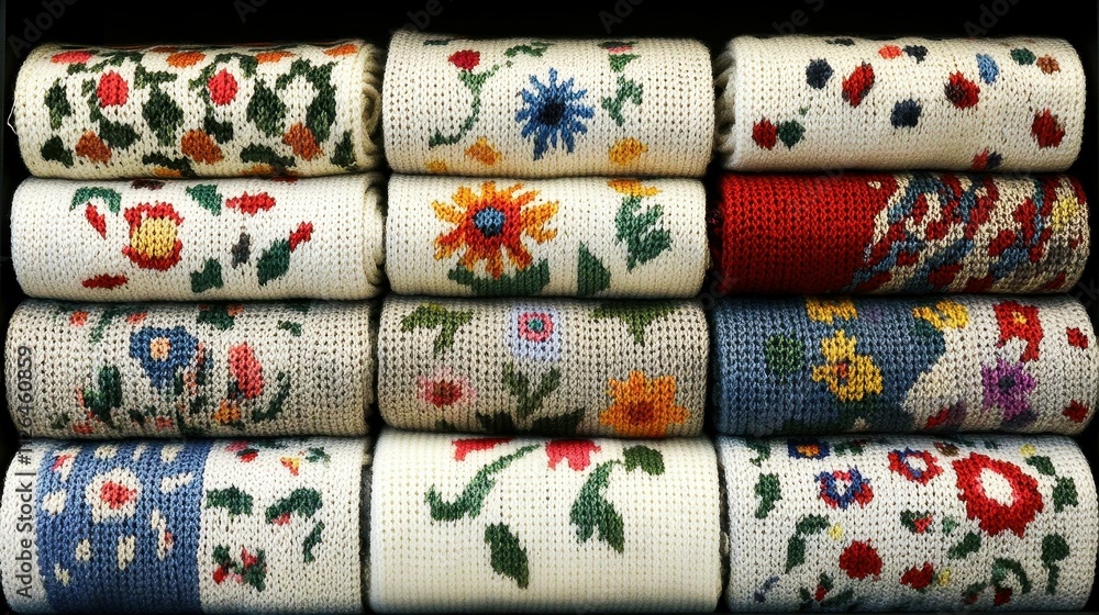 Aufkleber a row of knitted items with flowers and other designs. the colors are bright and cheerful. the items