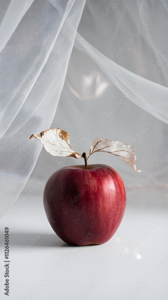 Poster red apple on a white background with a white tulle and a dried leaf. generated by ai