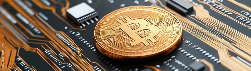 Poster a close-up of a bitcoin resting on a circuit board, symbolizing the intersection of cryptocurrency a