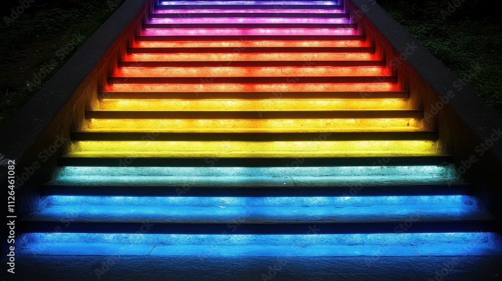 Poster a staircase with lights on it that are rainbow colors. the lights are on the steps and the steps are