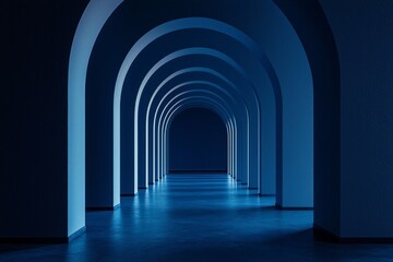 Fototapeta premium An arched corridor in blue, minimalistic, dark background