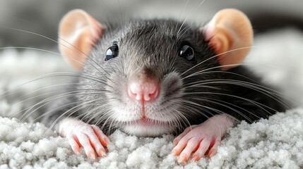 A small gray rat with a pink nose is laying on a white surface. The rat has a curious expression on its face