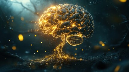 Fototapeta premium A vivid representation of a brain evolving into a glowing tree, showcasing glowing branches and roots, emphasizing growth and enlightenment. Generative AI