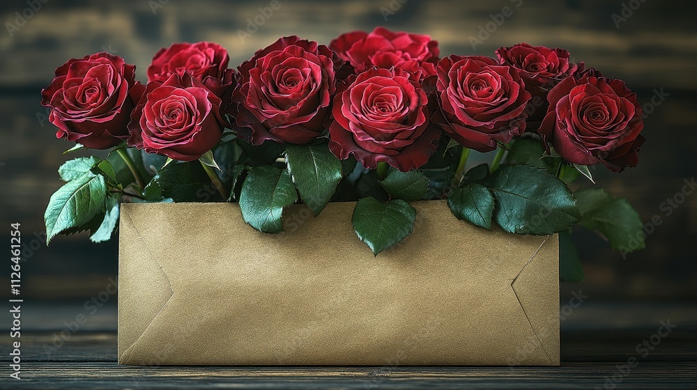 Poster a vase of red roses sits on a wooden table. the roses are arranged in a way that they are all facing