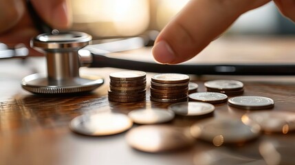 Healthcare Costs: A Hand Arranges Stacks of Coins Near a Stethoscope