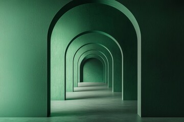 An arched corridor in green, minimalistic, dark background