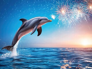 Fototapeta premium Vibrant Dolphin Leaping Above Sparkling Ocean Water Under Colorful Fireworks Display at Twilight