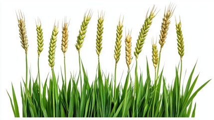 A photostock of fresh, green wheat stems with visible grains placed naturally on a seamless white background, perfect for agricultural and organic themes. High Quality