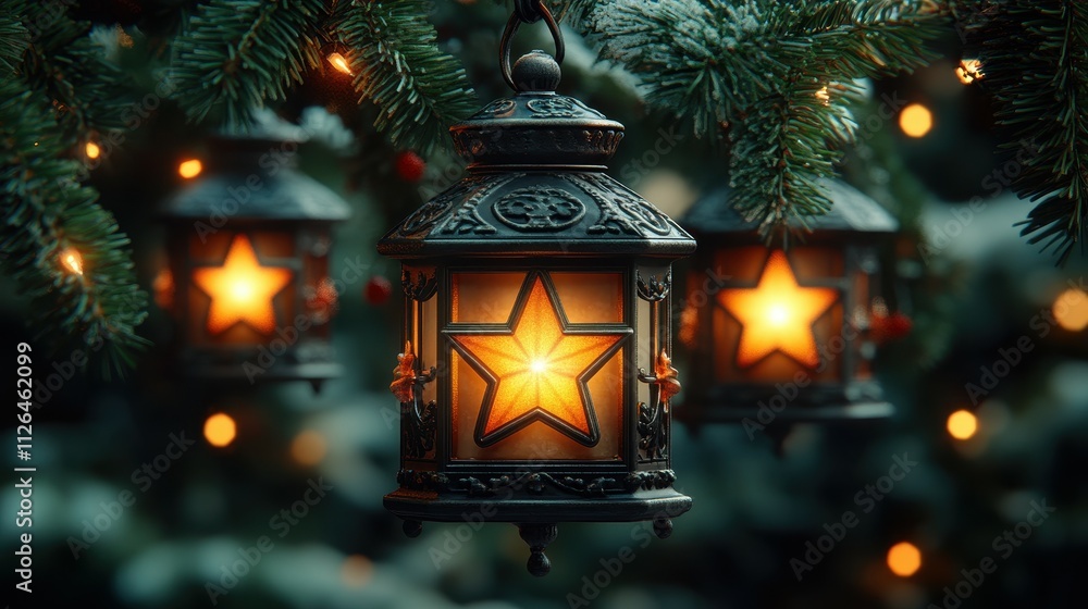 Poster three lanterns with lit up stars hanging from a tree. the lanterns are hanging from the branches of 