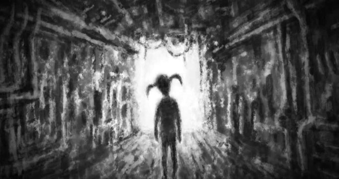 Scary small girl walks along dark corridor and creepy smiles, revealing her skull. Animation with devilish character. Motion graphics in horror fiction genre. Black and white background for Halloween.