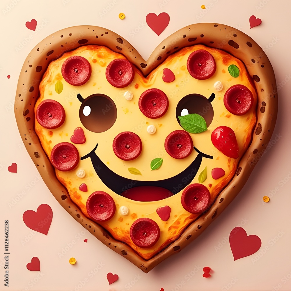Poster pizza in the shape of a heart with a smiley face on a red background. generated by ai