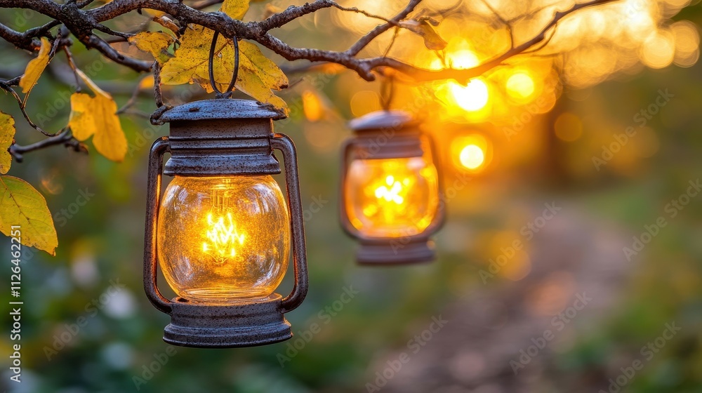 Poster two lanterns hanging from a tree branch, one of which is lit. the scene has a warm and cozy atmosphe