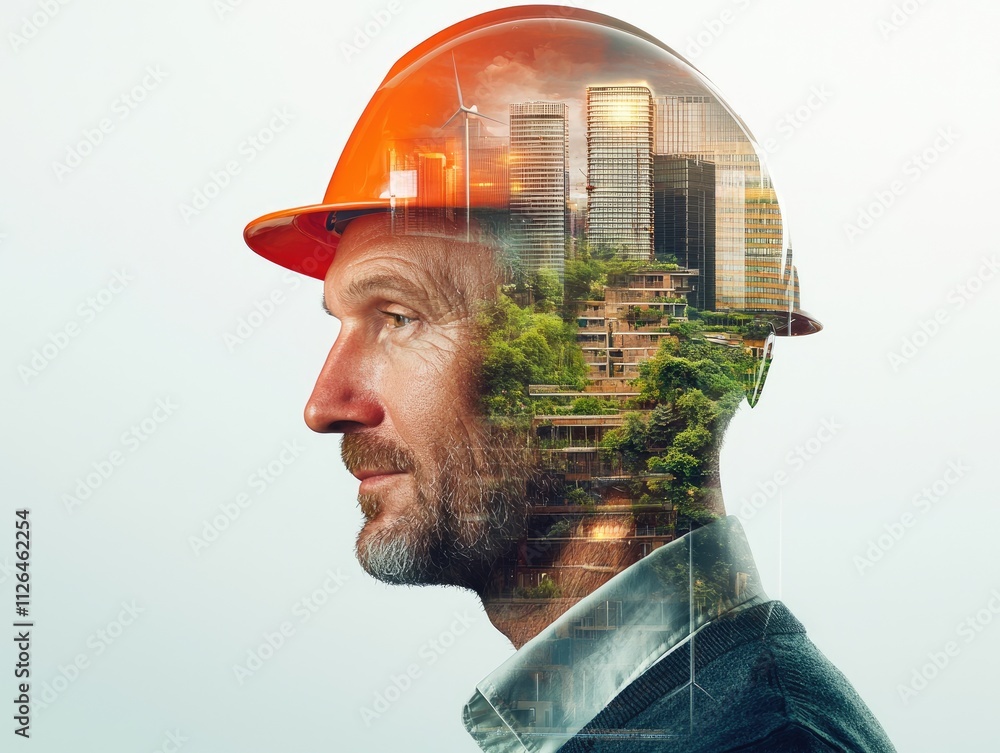 Poster innovative engineer concept showcasing green architecture and urban development with double exposure