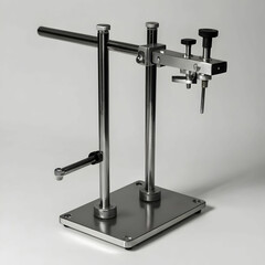 A metal retort stand with an adjustable clamp,