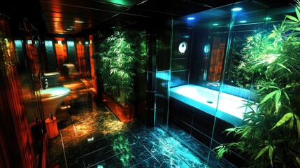 Obraz premium A luxurious bathroom with marble tiles, a sleek white sink, and large glass panels, accented by small green plants for a fresh touch.