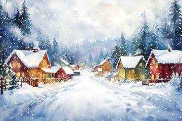 Fototapeta premium Christmas village in watercolor with colorful houses. Generative Ai