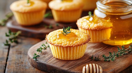 Isolated cornbread muffins on a wooden cutting board, with a jar of honey and sprigs of thyme as accents