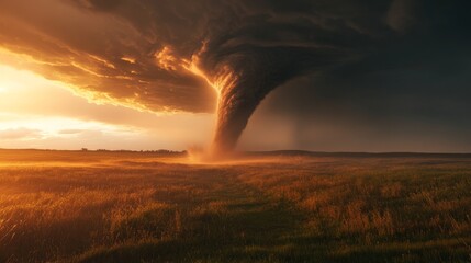 A tornado moving across a grassy plain under a sunset sky, the orange and red hues of the sunset contrasting with the dark funnel and storm clouds